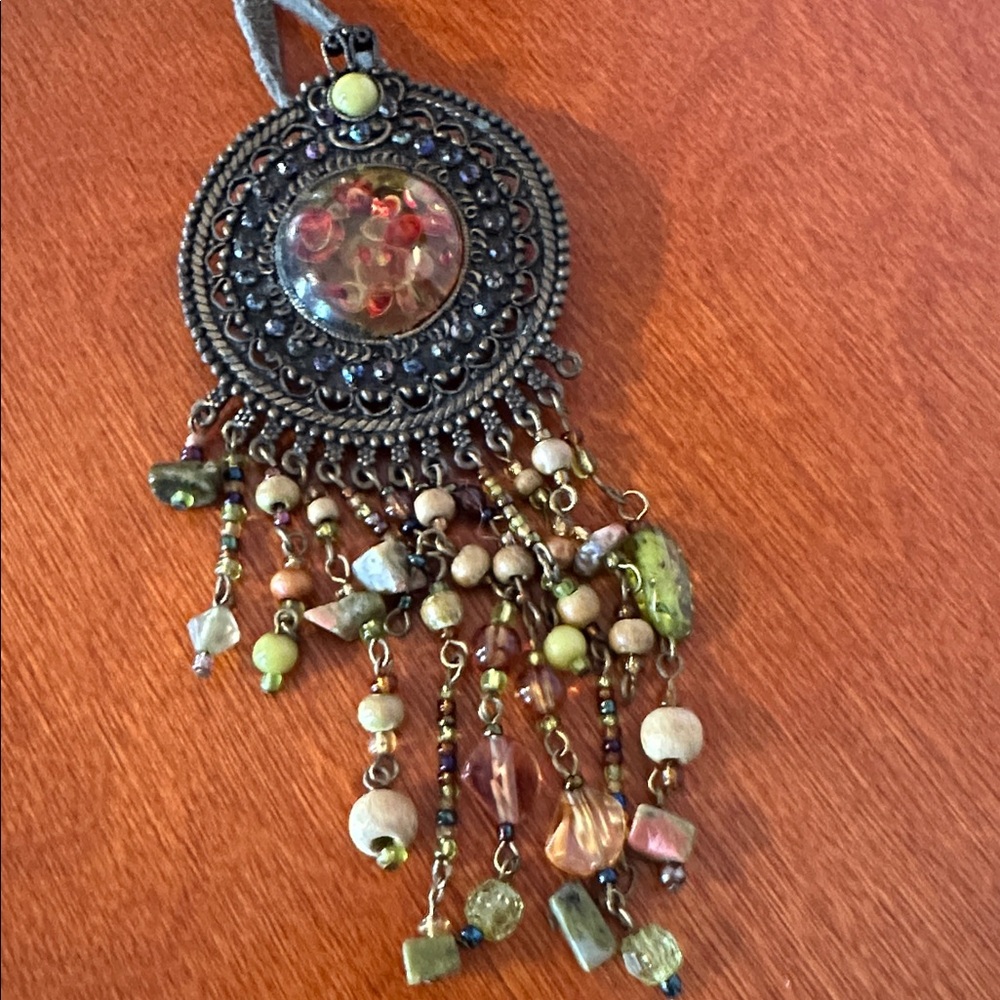 Bohemian Beaded Medallion Necklace with Dangling Bead Tassels on Leather Cord‎
